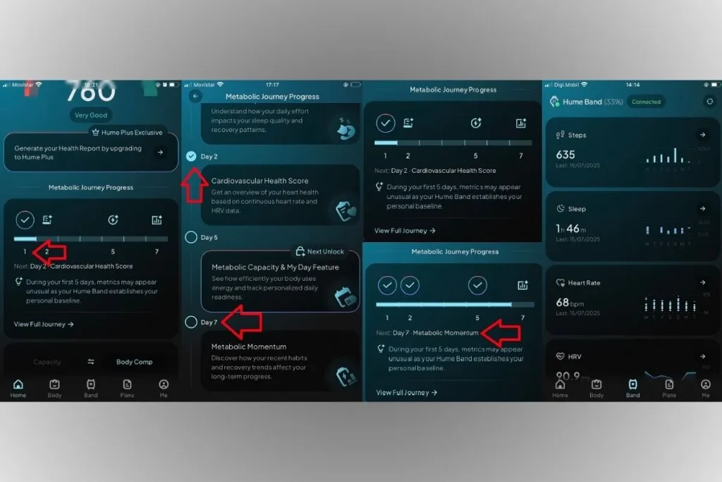 Screens from the Hume Health App showing the guided onboarding process during the first 14 days as the system learns your baseline metrics.