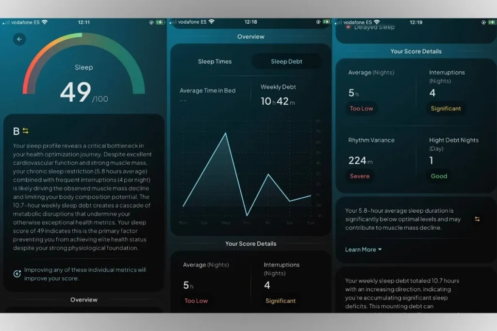 Hume Health App sleep monitoring dashboard showing sleep stages, recovery score, and nightly performance metrics.