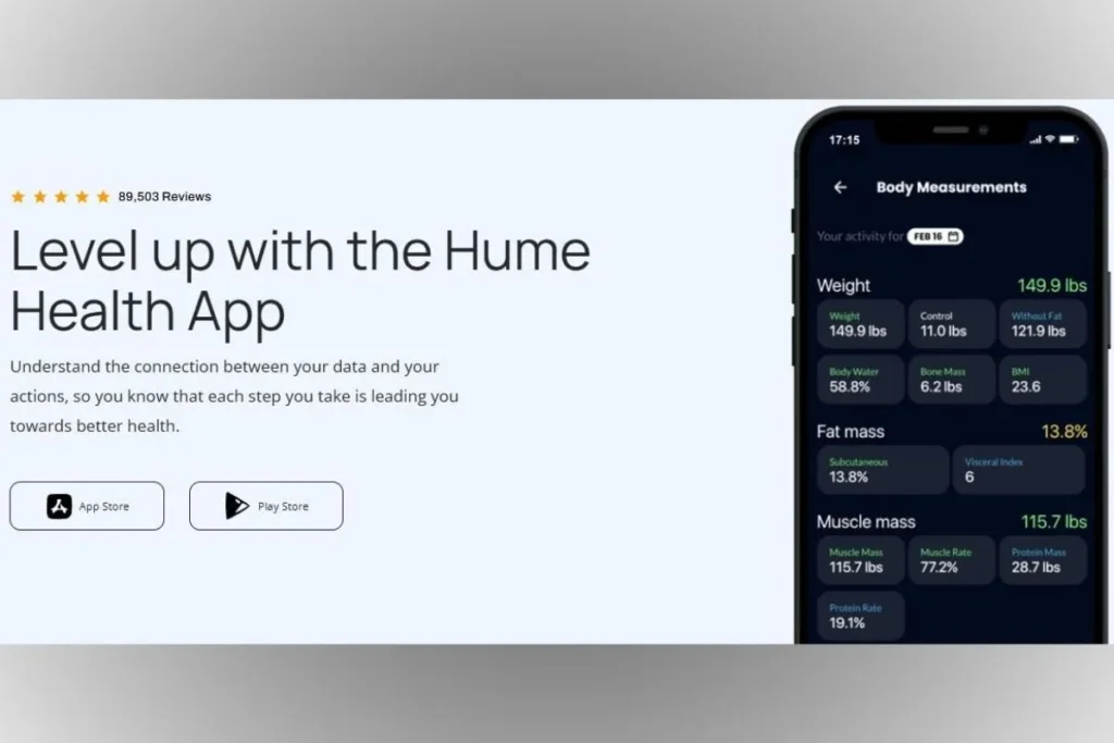 Screenshot from the Hume Health website showcasing the Hume Health App interface with body composition metrics and download buttons for the App Store and Google Play.