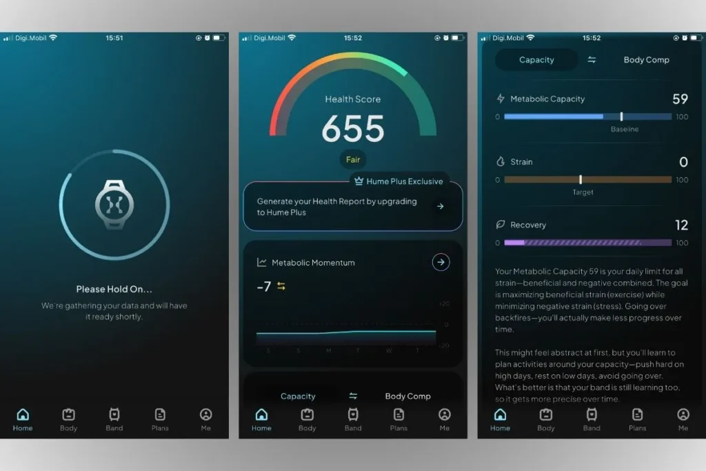 Hume Health App main dashboard from the free tier displaying the Health Score, Metabolic Capacity, Metabolic Momentum, and Recovery indicators for daily wellness tracking.