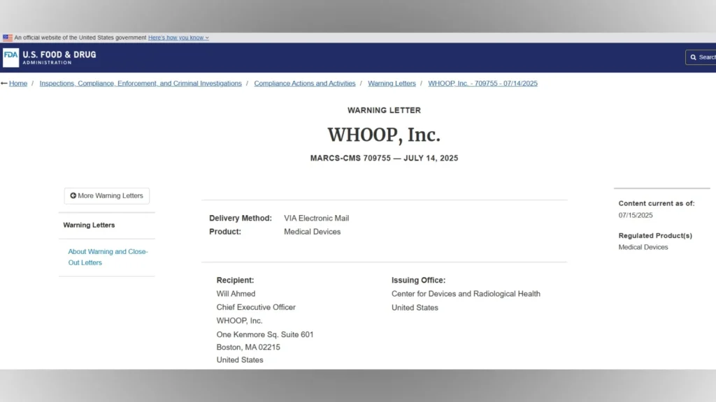 Screenshot of the official FDA warning letter sent to Whoop Inc. in 2025 regarding unverified blood pressure tracking claims.