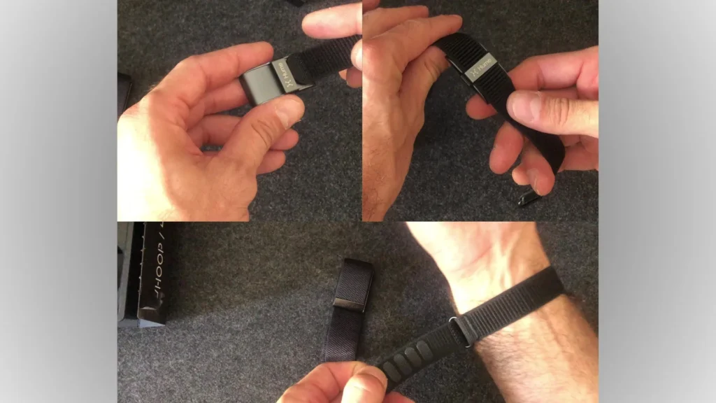 Close-up of the Hume Band showing the adjustable strap mechanism and snug wrist fit for better comfort and stability during workouts or swimming.
