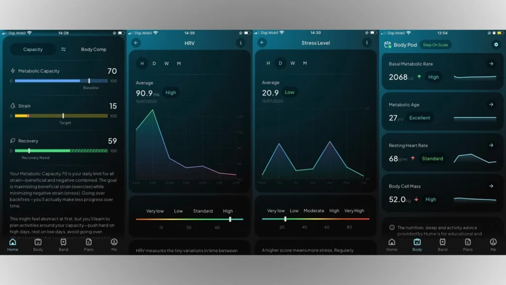 Screenshot of the Hume Band app interface displaying clear metrics for Metabolic Capacity, Metabolic Momentum, and Recovery in an easy-to-read dashboard.