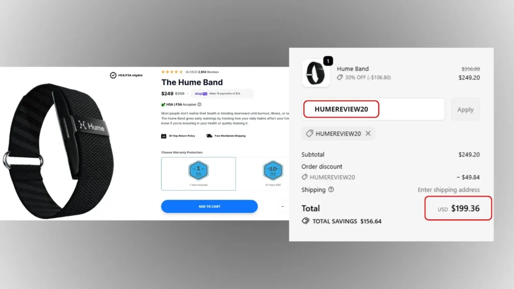Hume Band discount code HUMEREVIEW20 offering $50 off the one-time purchase price, reducing the cost from $249 to $199 with no subscription required.