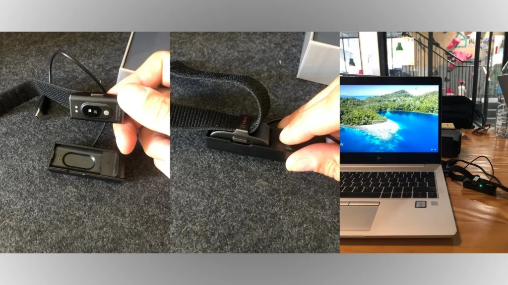 Hume Band magnetic charging system showing the clean cable connection that snaps easily into place for quick charging without bulky attachments.