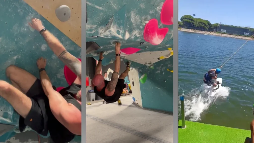 Real user testing the Hume Band and Whoop wearables while climbing and wakeboarding, showing water resistance and performance tracking in action.