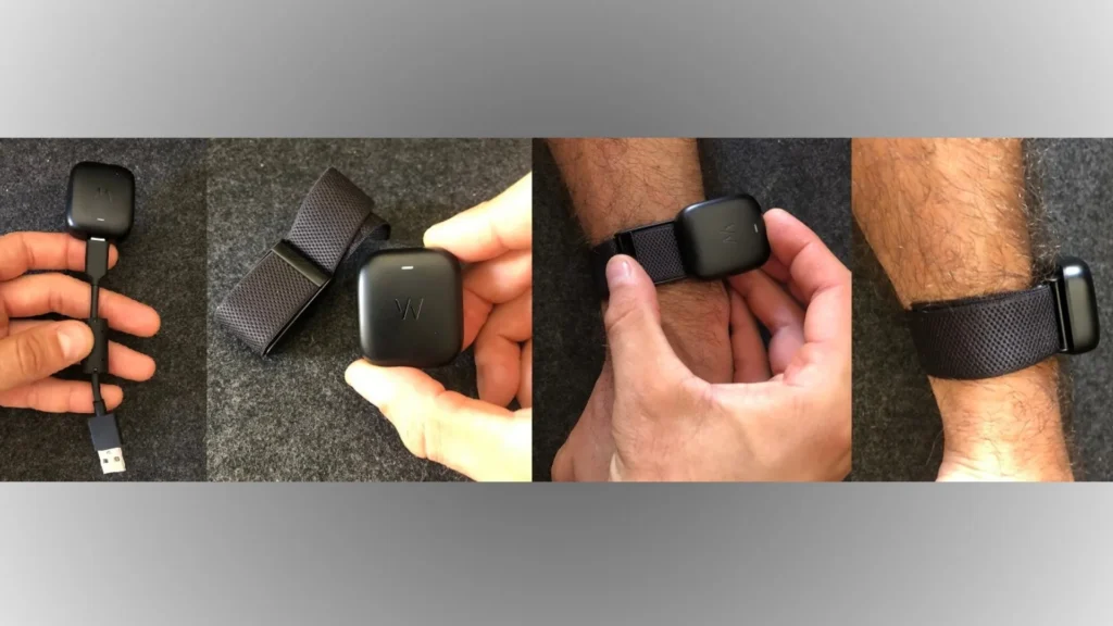 Close-up of the Whoop band charging system showing the on-wrist battery pack connected to the strap, illustrating how the wearable charges without being removed.