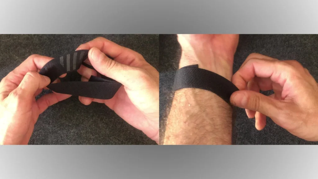 Close-up of the Whoop strap showing its texture, fit, and clasp design, highlighting comfort and daily wear experience during workouts and sleep tracking.
