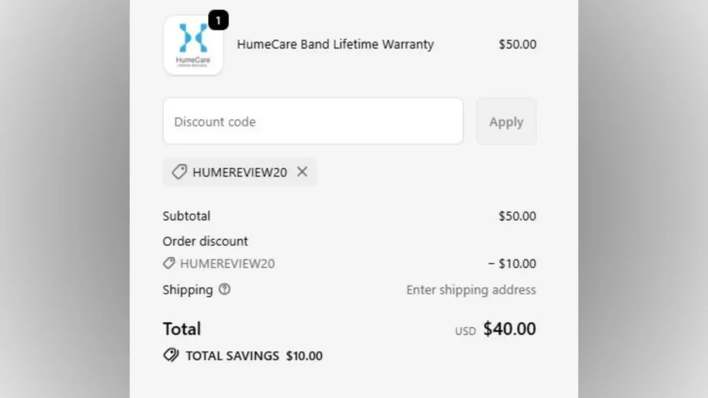 HumeCare Band Lifetime Warranty checkout showing 20% discount with HUMEREVIEW20 code applied
