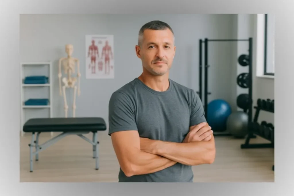 Health professional and former athlete standing in a modern physiotherapy clinic, representing real-world and scientific experience in recovery and performance.